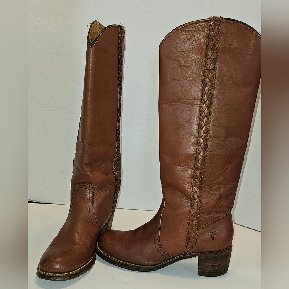 Vtg Frye 8549 USA 70’s Braided Campus Knee High Saddle Riding Boots Womens 10B